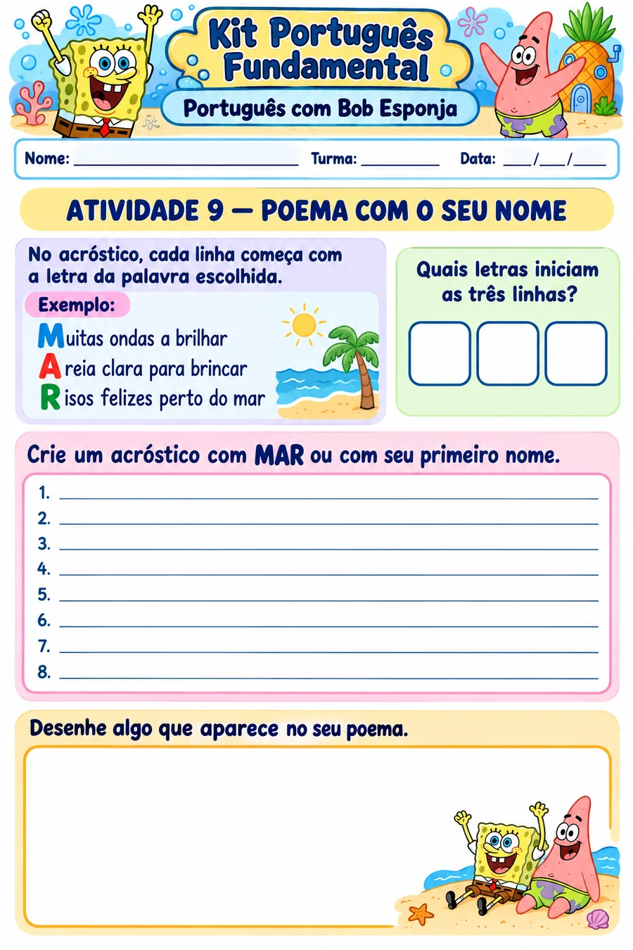 Atividade de produção de texto: poema com o nome — Bob Esponja