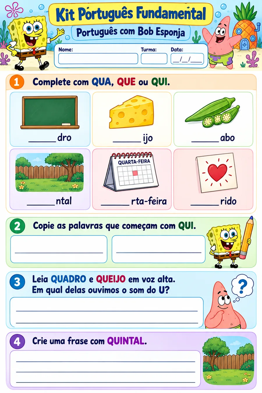 Atividade de ortografia: QUA, QUE ou QUI — Bob Esponja