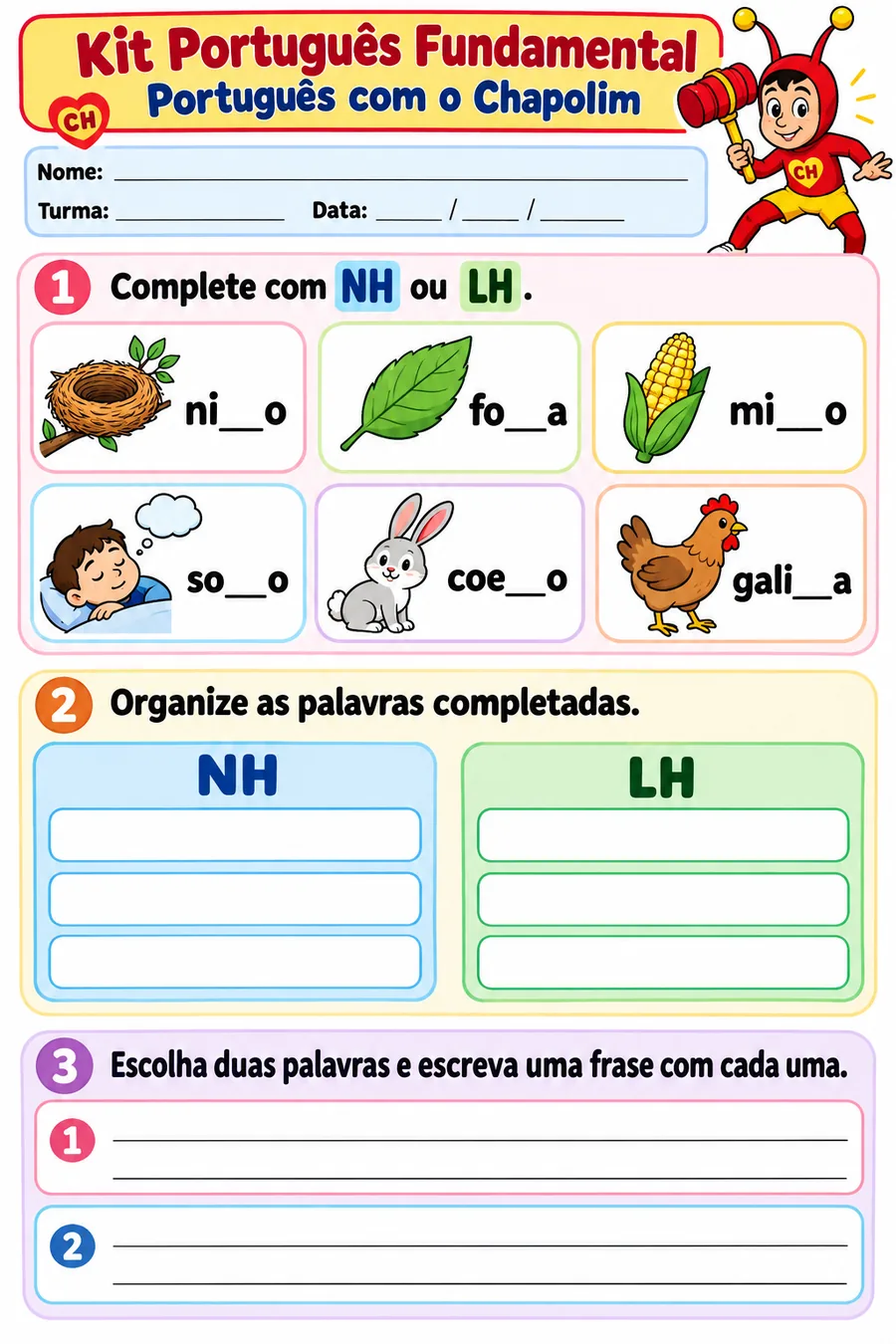 Atividade de ortografia: NH ou LH — Chapolin
