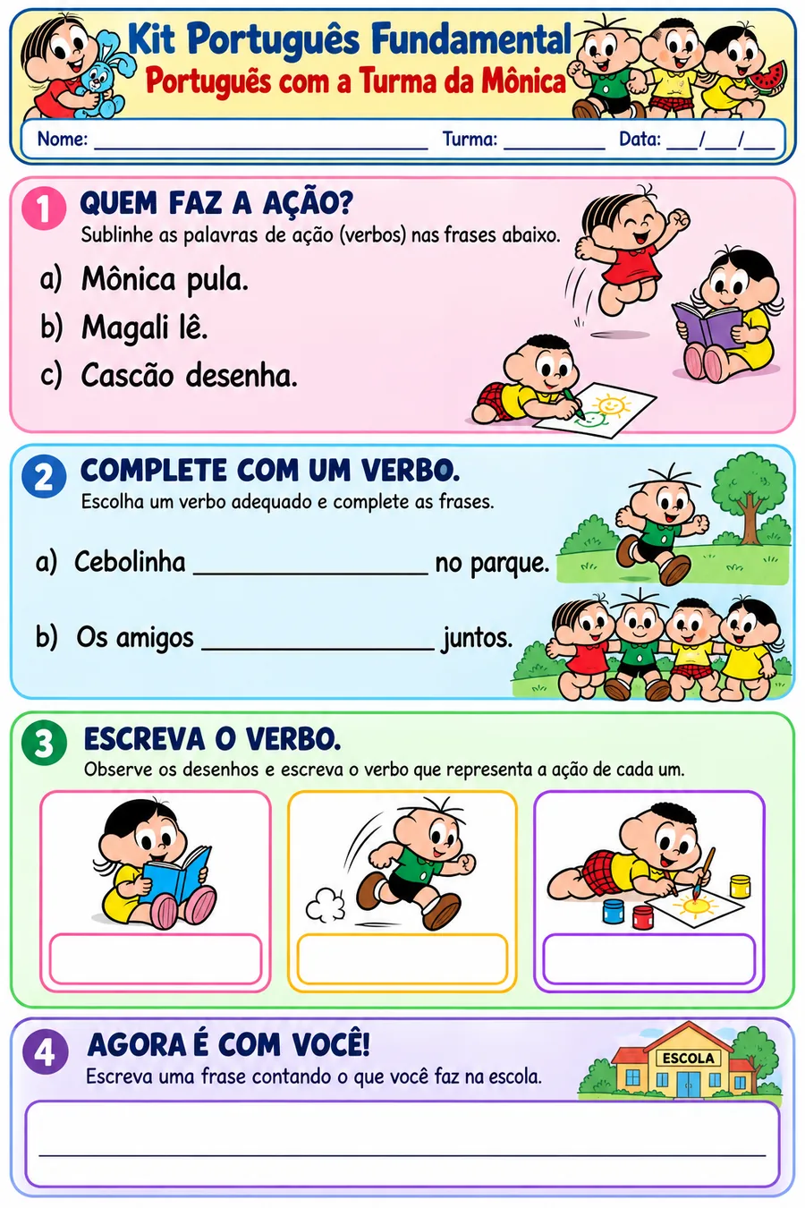 Atividade de gramática: quem faz a ação — Turma da Mônica