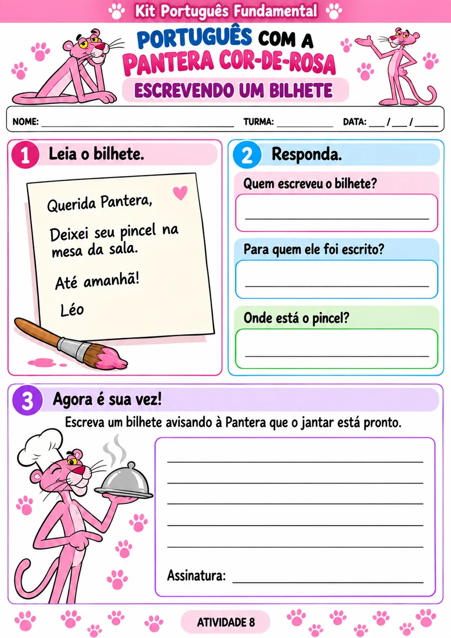 Atividade de produção de texto: escrevendo um bilhete — Pantera Cor-de-Rosa
