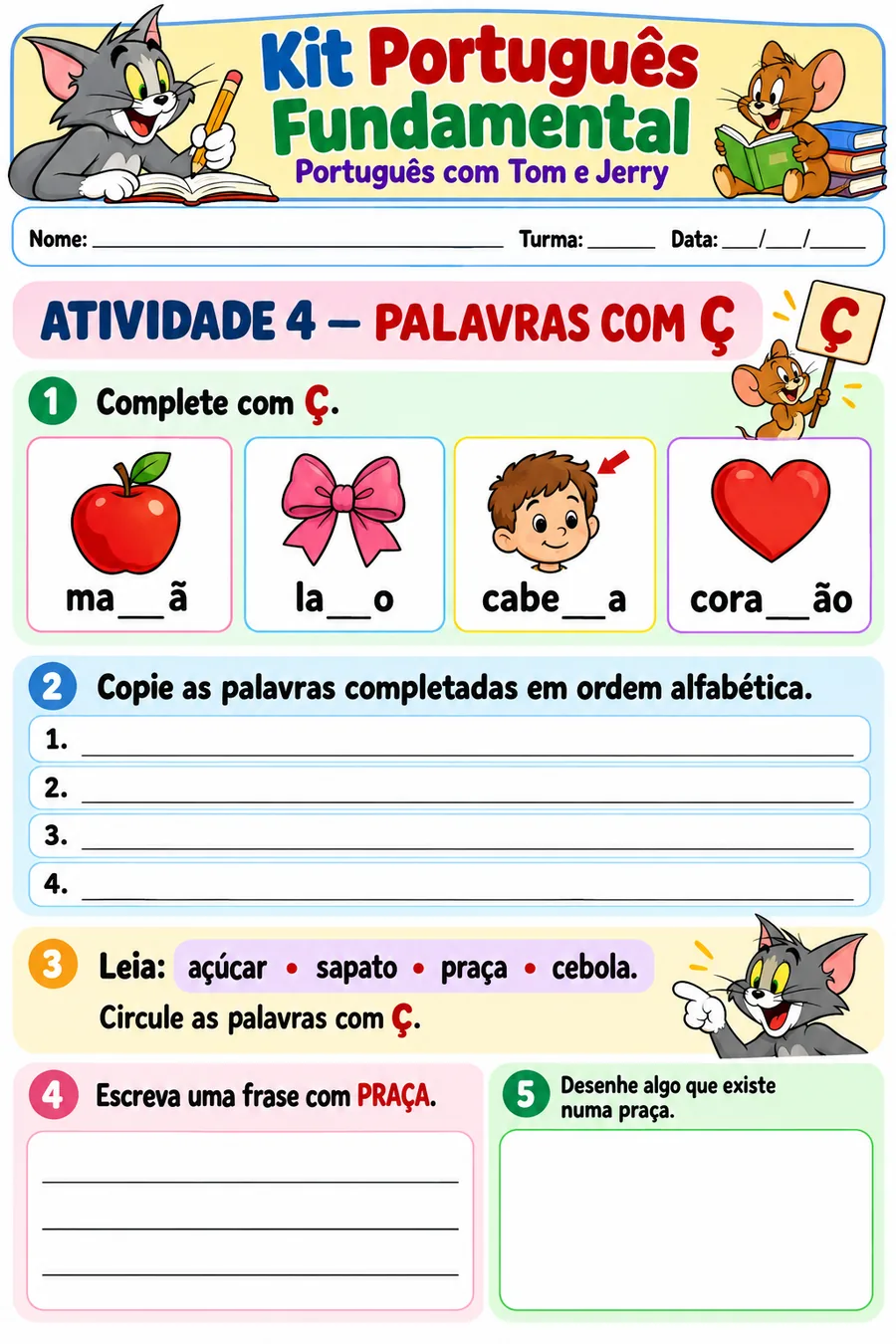 Atividade de ortografia: palavras com cedilha — Tom e Jerry