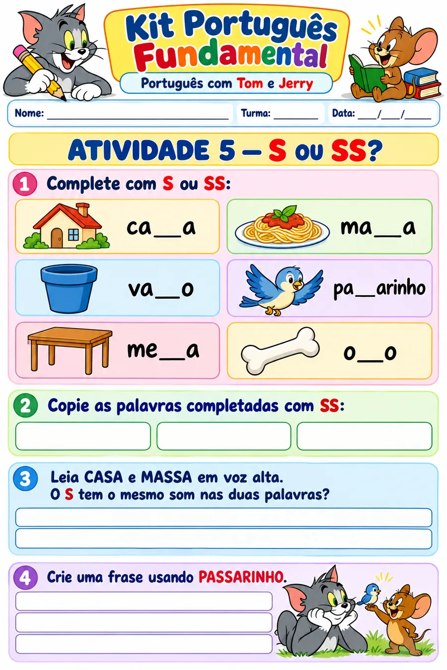 Atividade de ortografia: S ou SS — Tom e Jerry